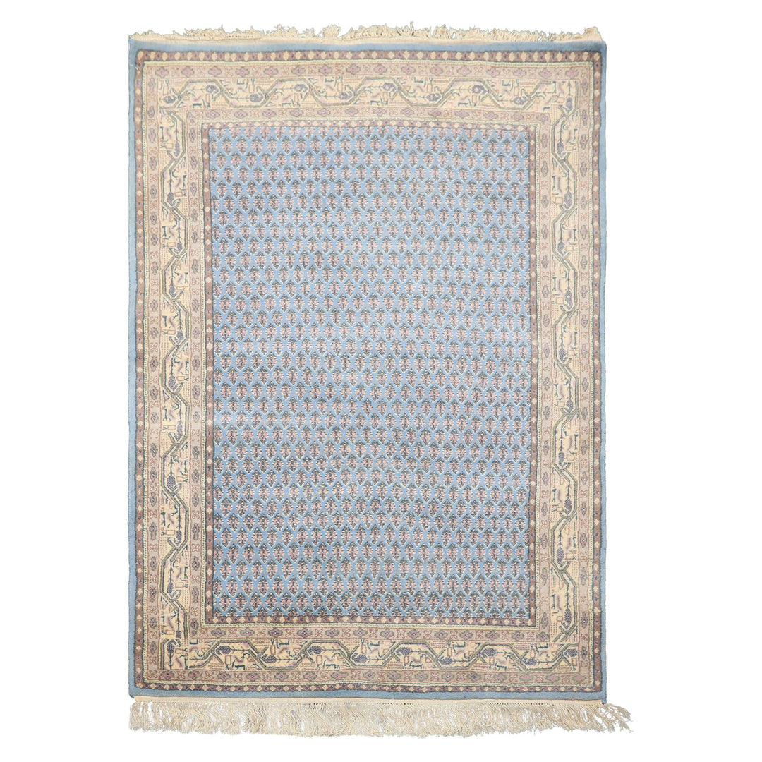 4x6 Blue, Ivory, Taupe Color Hand Knotted Boteh Wool Traditional Oriental Rug