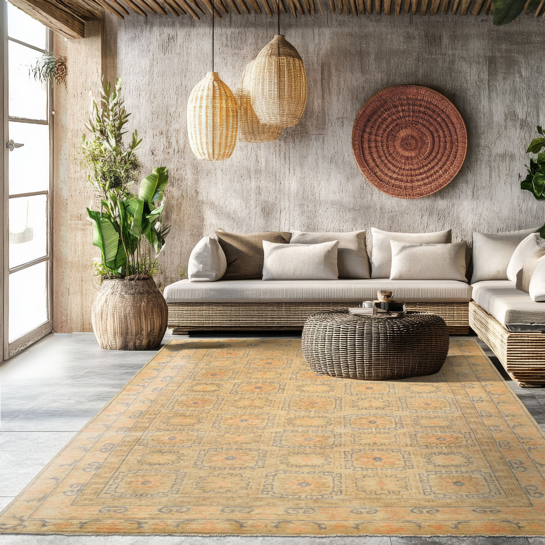 6x9 Beige, Peach, Slate Color Hand Knotted Oushak Wool Transitional Oriental Rug