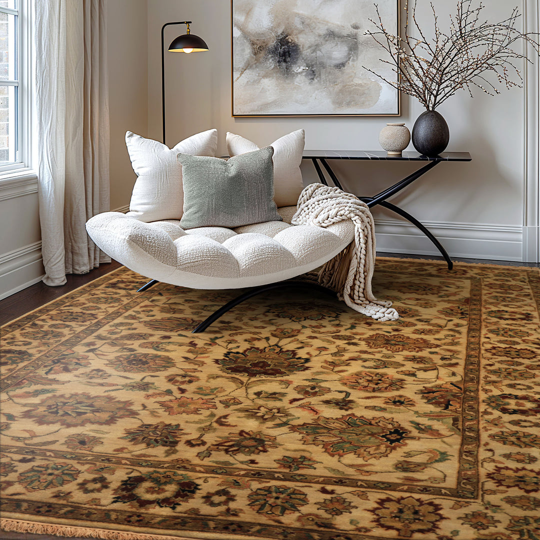 6x9 Tan, Sage, Brown Color Hand Knotted Agra Wool Traditional Oriental Rug