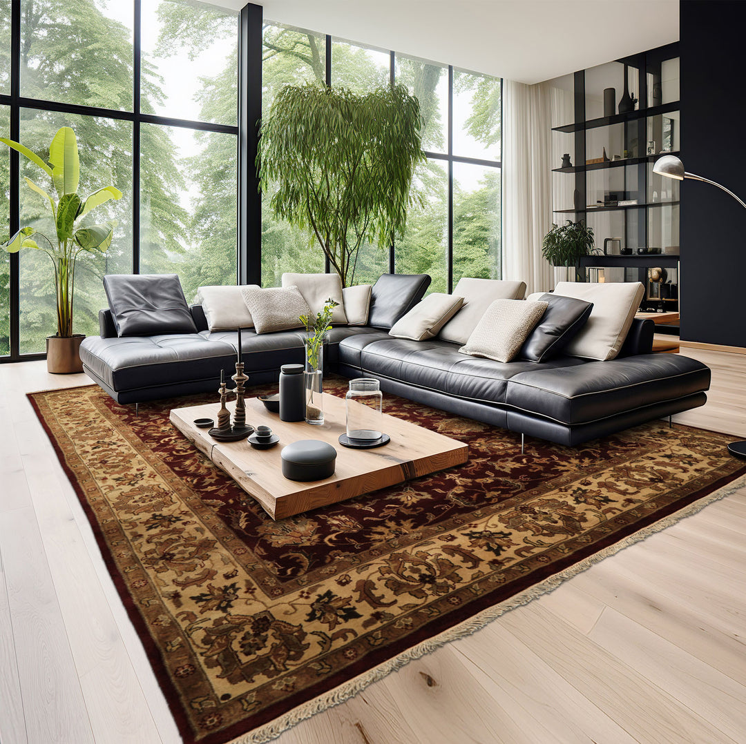 9x12 Maroon, Ivory, Brown Color Hand Knotted Agra Wool Traditional Oriental Rug