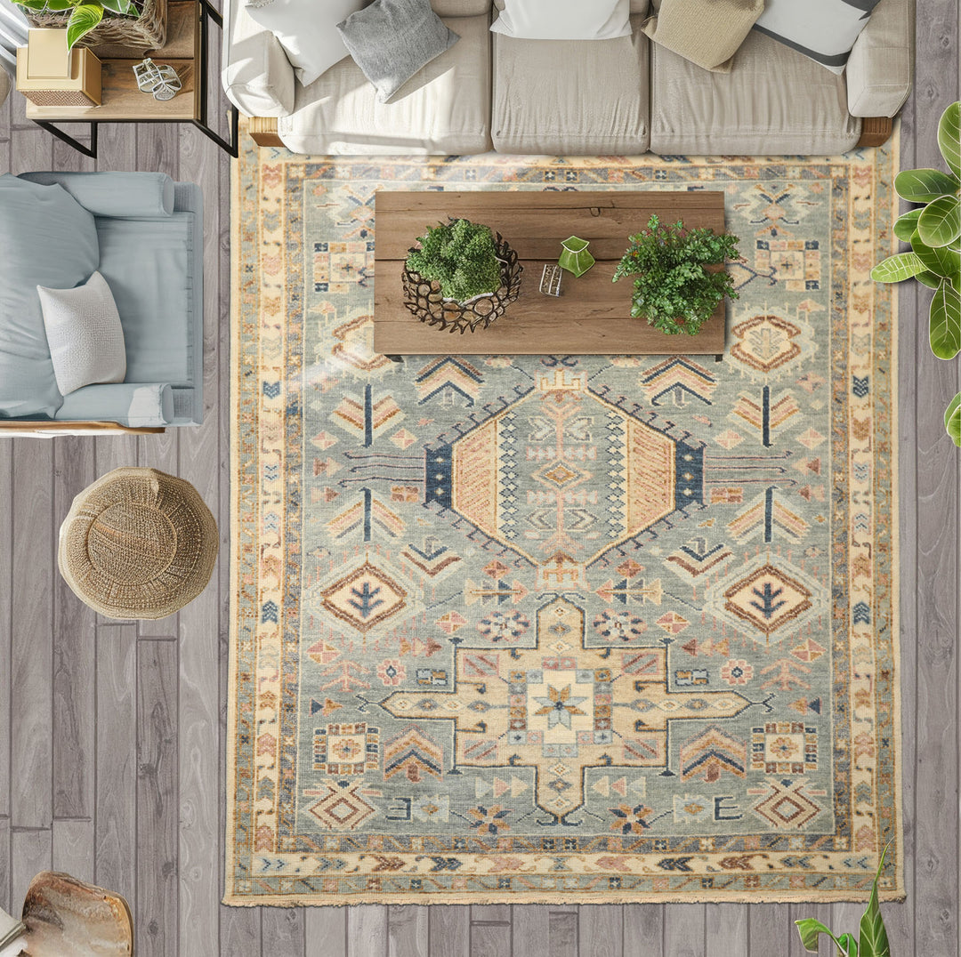 8x10 Aqua, Ivory, Blue Color Hand Knotted Oushak Wool Traditional Oriental Rug