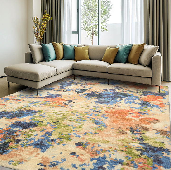 6x9 Beige, Ivory, Rust Color Hand Knotted Indo Tibetan Wool Modern & Contemporary Oriental Rug