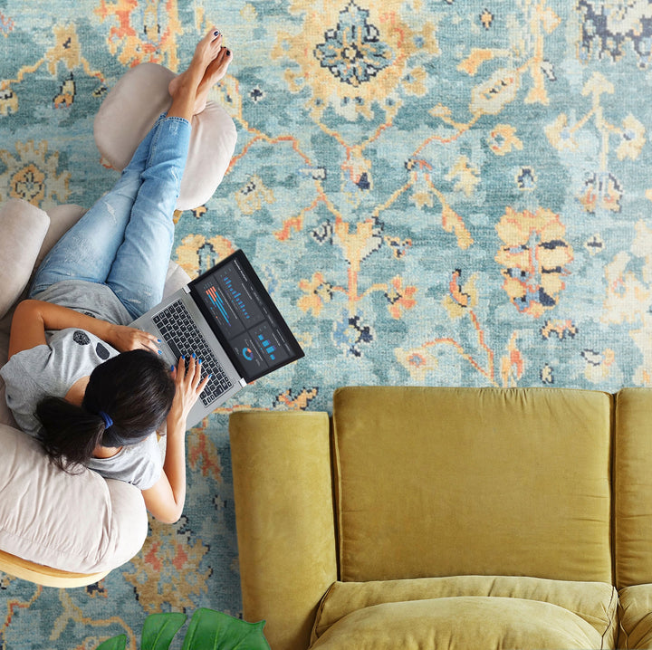 6x9 Teal, Gold, Burnt Orange Color Hand Knotted Oushak Wool Traditional Oriental Rug