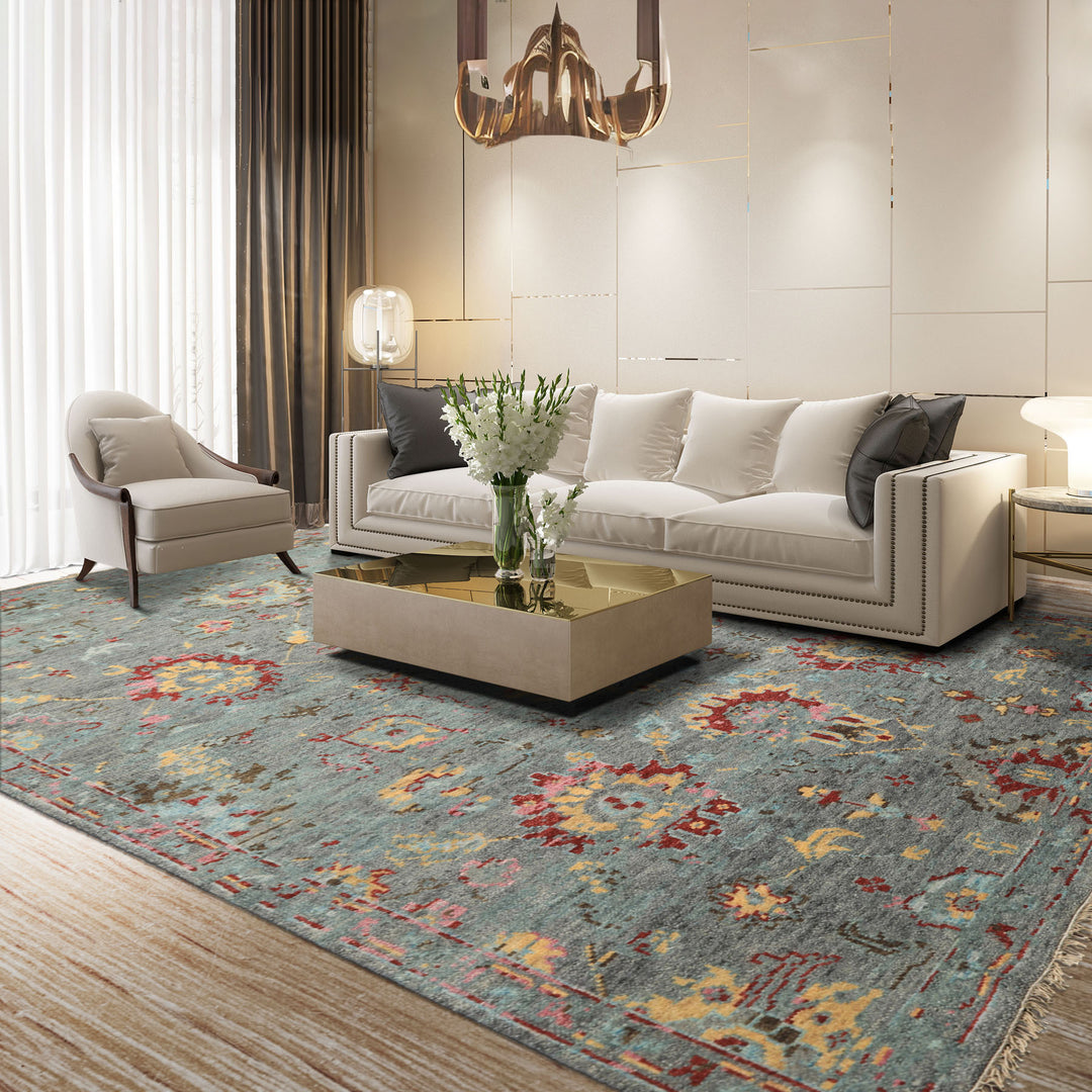 6x9 Gray, Aqua, Pink Color Hand Knotted Oushak Wool Traditional Oriental Rug