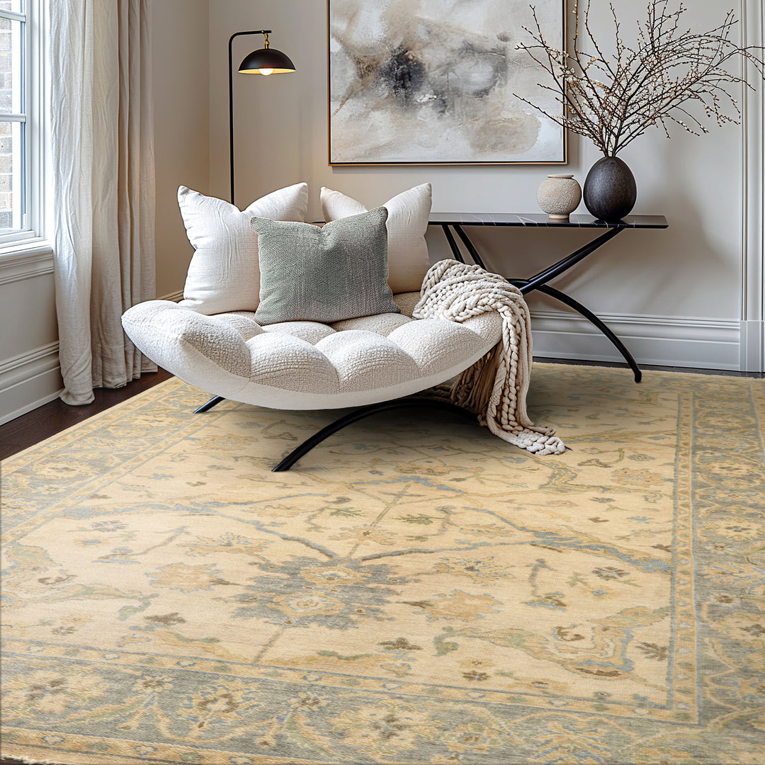 6x9 Beige, Aqua, Light Gold Color Hand Knotted Oushak Wool Traditional Oriental Rug