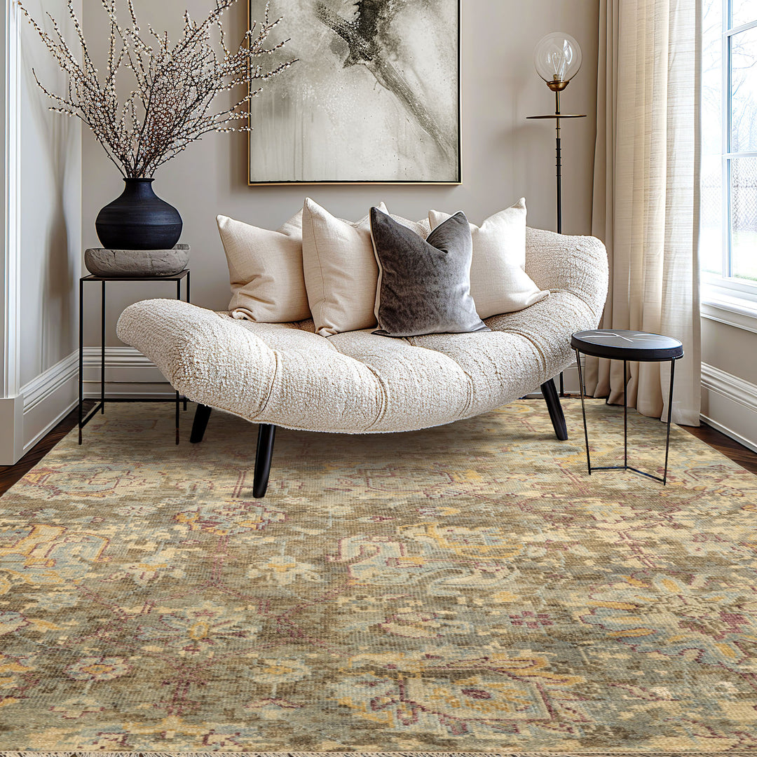 6x9 Beige, Moss, Aqua Color Hand Knotted Oushak Wool Traditional Oriental Rug