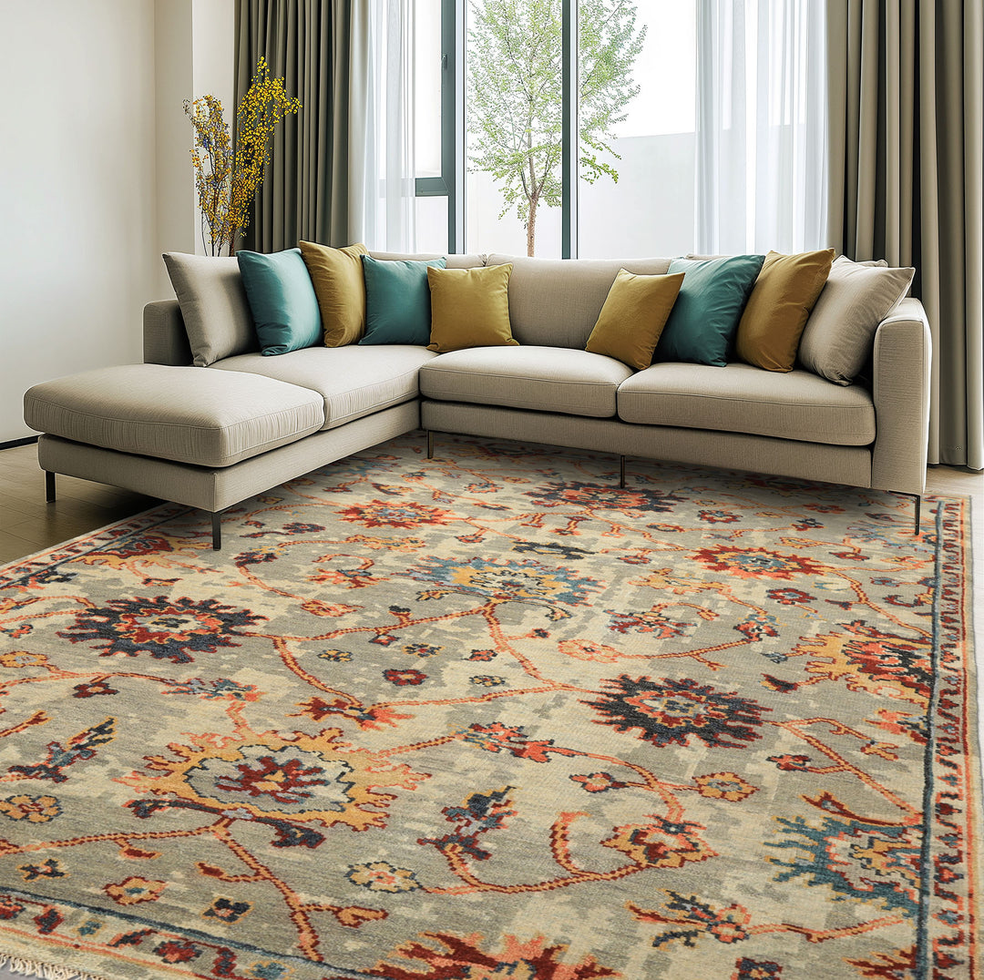 6x9 Gray, Beige, Gold Color Hand Knotted Oushak Wool Arts & Crafts Oriental Rug