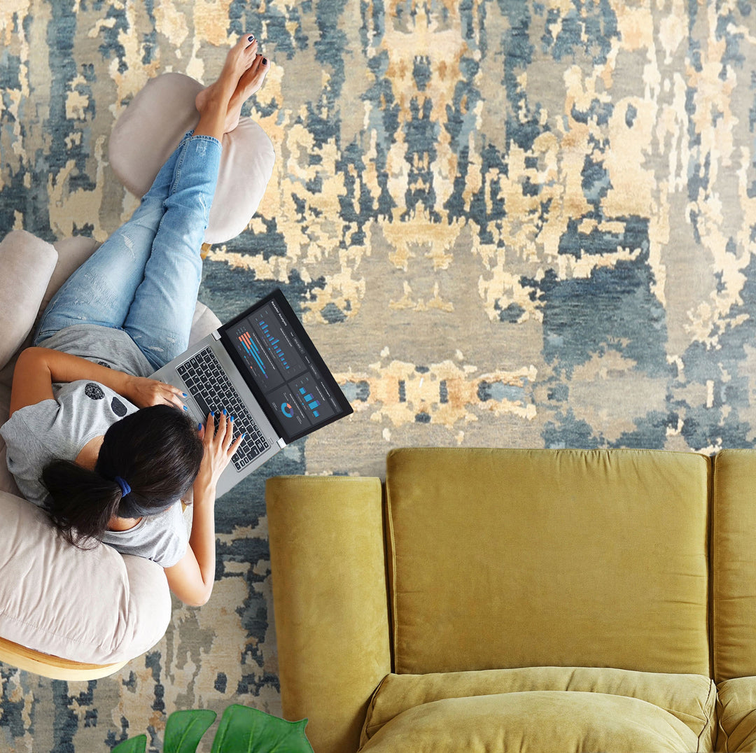 6x9 Gray, Aqua, Ivory Color Hand Knotted Indo Tibetan Wool & Bamboo Silk Modern & Contemporary Oriental Rug