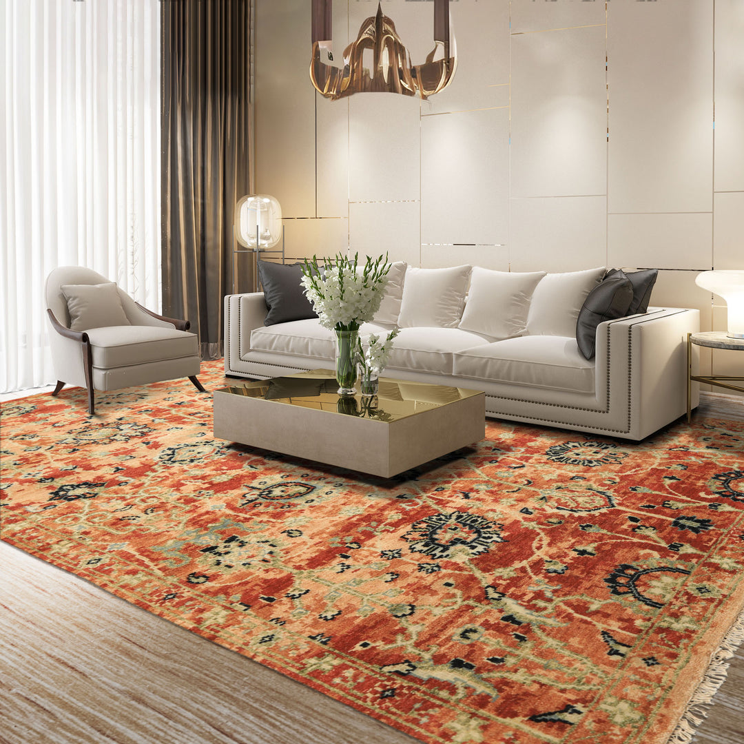 6x9 Burnt Orange, Blush, Aqua Color Hand Knotted Oushak Wool Arts & Crafts Oriental Rug