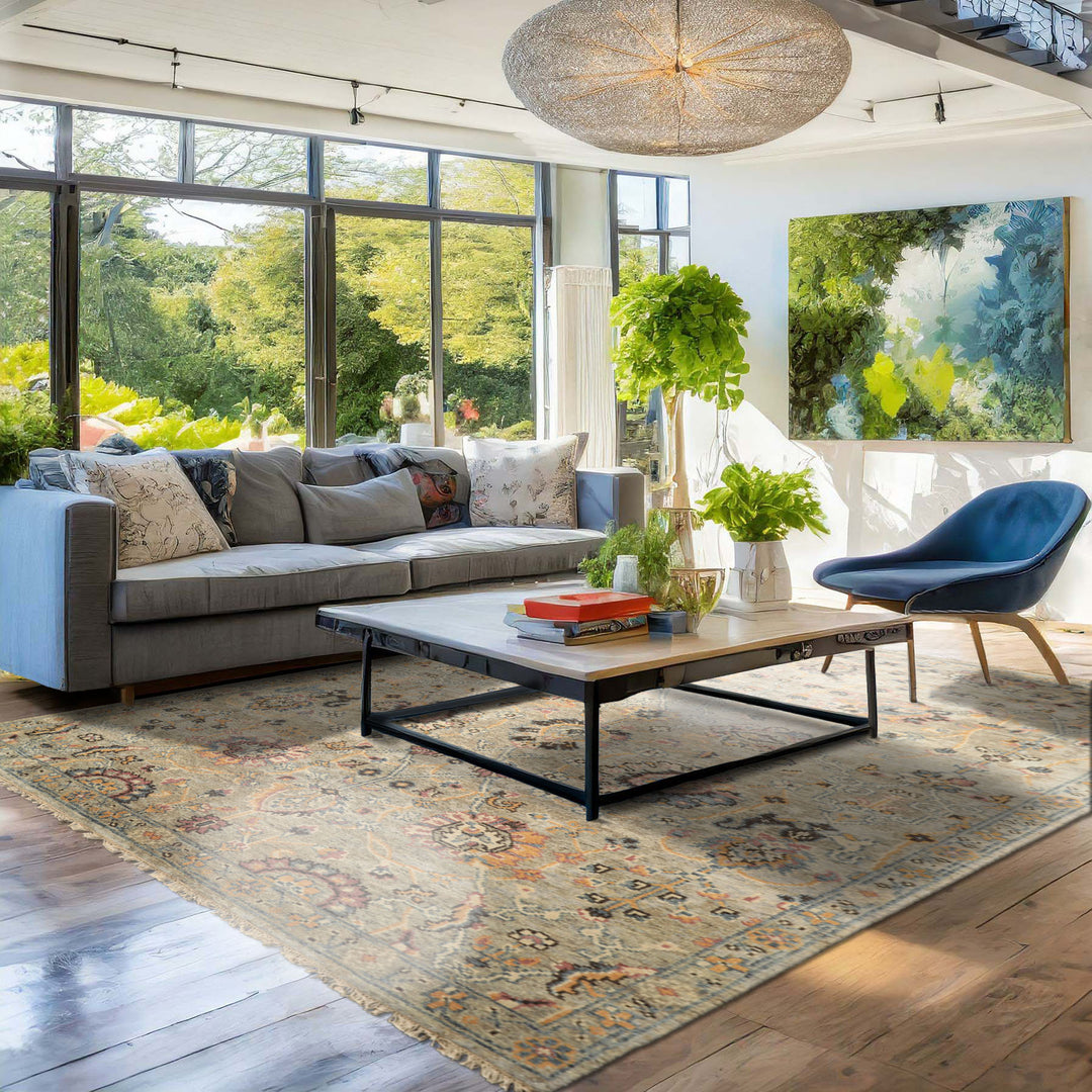 6x9 Gray, Blue, Rose Color Hand Knotted Oushak Wool Arts & Crafts Oriental Rug