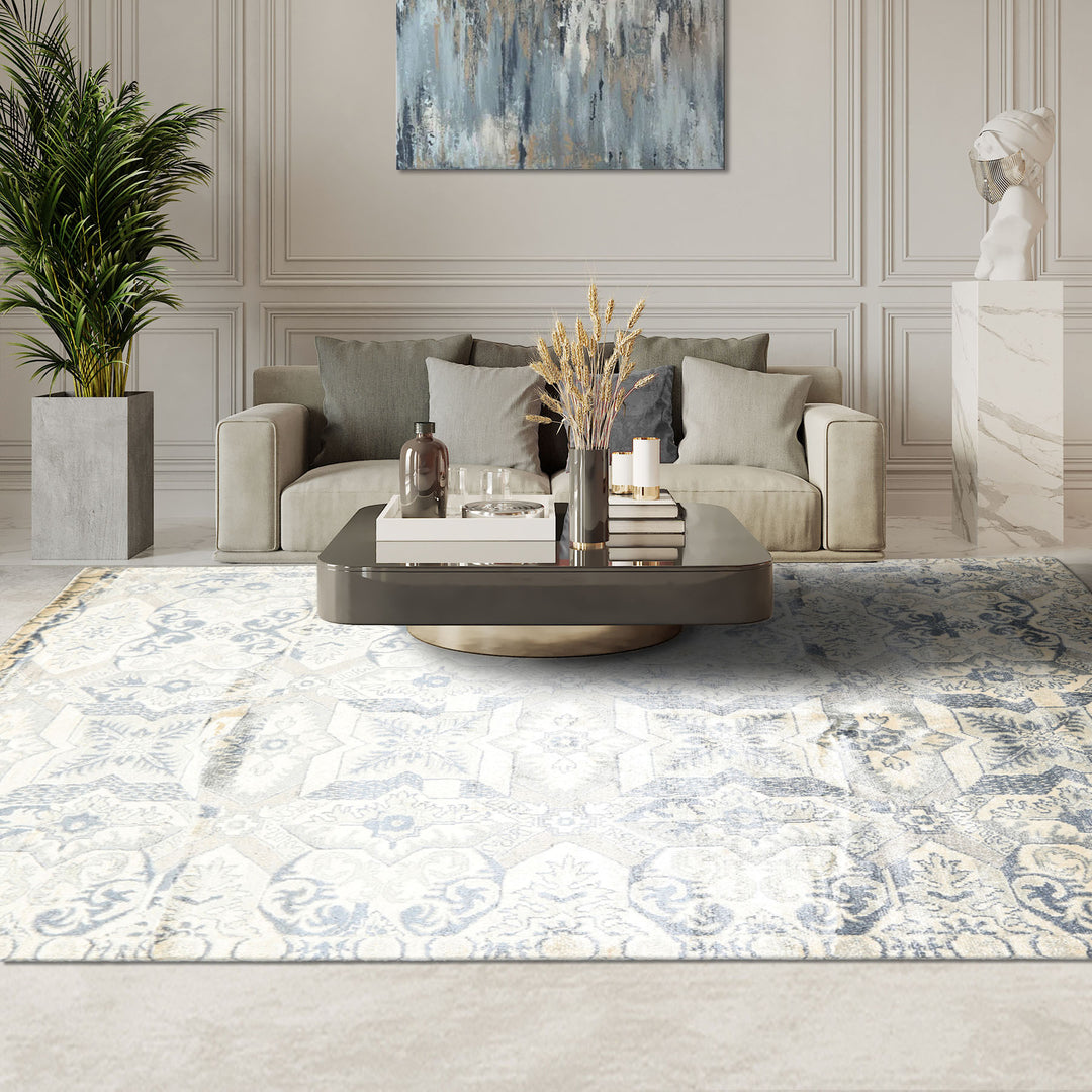 6x9 Ivory, Gray, Slate Color Hand Knotted Indo Tibetan 100% Bamboo Silk Transitional Oriental Rug