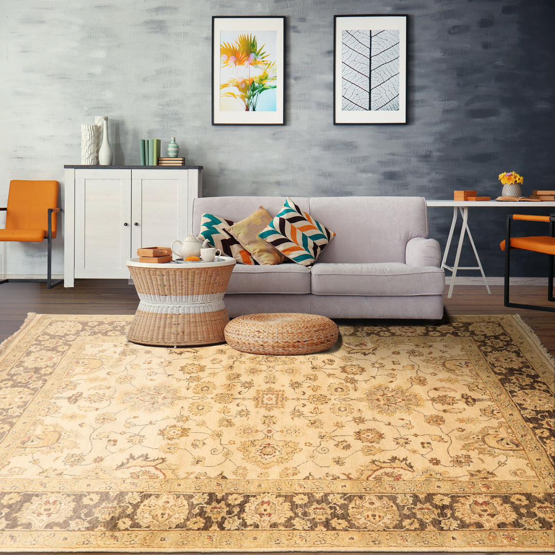 6x9 Beige, Brown, Sage Color Hand Knotted Oushak Wool Traditional Oriental Rug