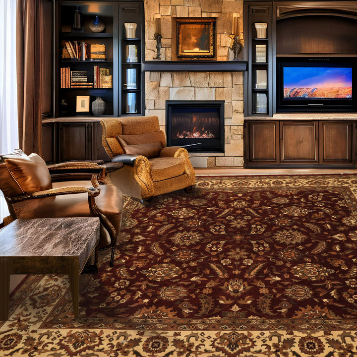 Square Maroon, Ivory, Moss Color Hand Knotted Agra Wool Traditional Oriental Rug