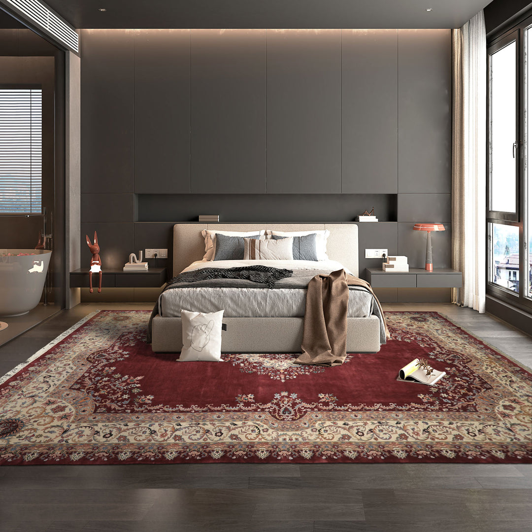 Oversize Plum, Ivory, Aqua Color Hand Knotted Indo Kerman Wool Traditional Oriental Rug