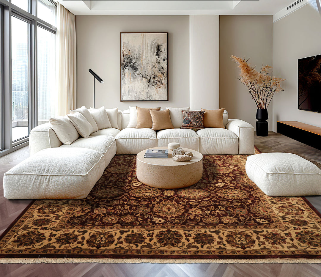 8x11 Maroon, Ivory, Green Color Hand Knotted Agra New Zealand Wool Traditional Oriental Rug