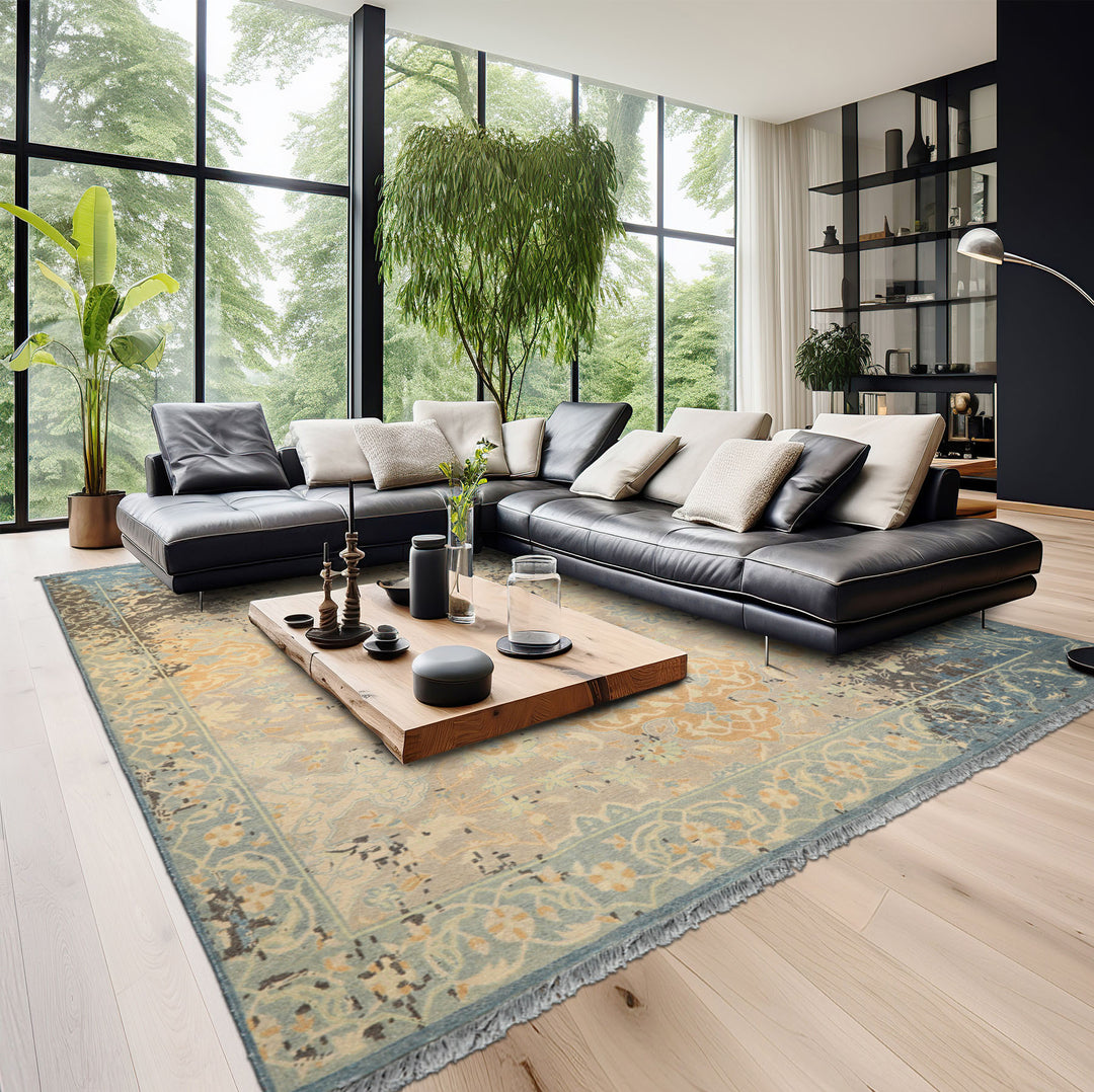 8x10 Taupe, Beige, Blue Color Hand Knotted Oushak Wool Transitional Oriental Rug