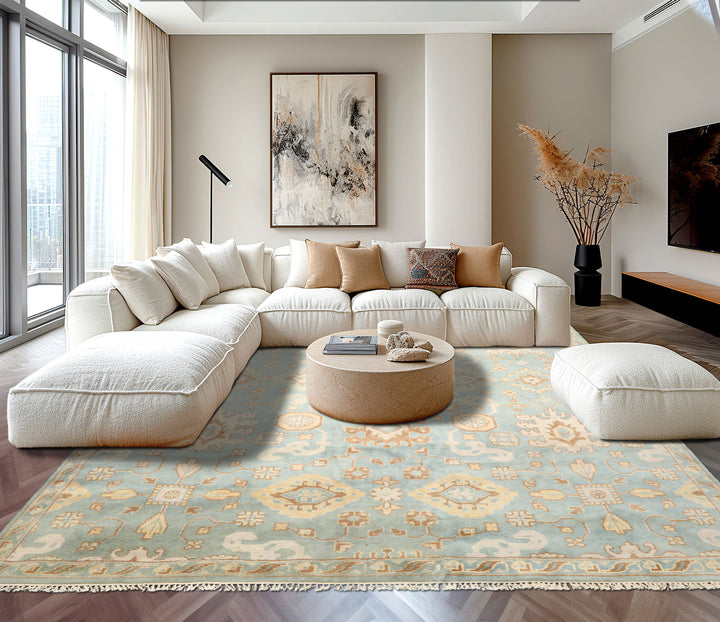 8x10 Seafoam, Ivory, Taupe Color Hand Knotted Oushak Wool Arts &amp; Crafts Oriental Rug