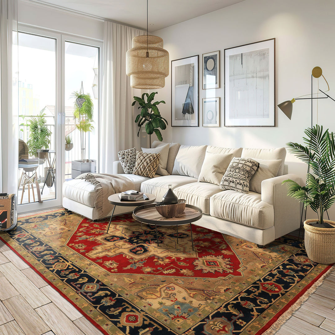 8x10 Red, Teal, Sage Color Hand Knotted Indo Heriz Wool Traditional Oriental Rug