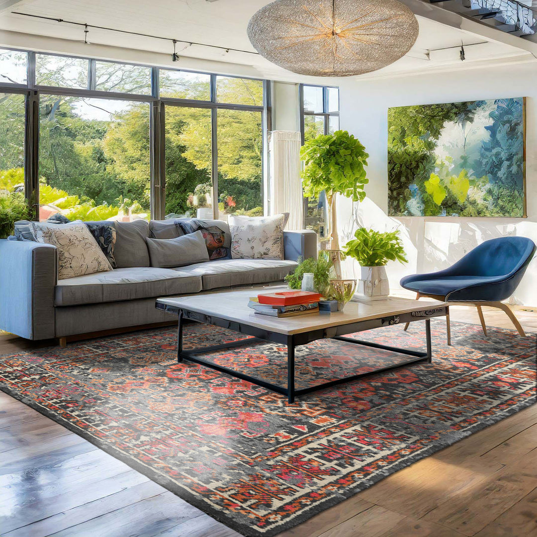 6x9 Gray, Ivory, Caramel Color Hand Knotted Indo Tibetan Wool Transitional Oriental Rug