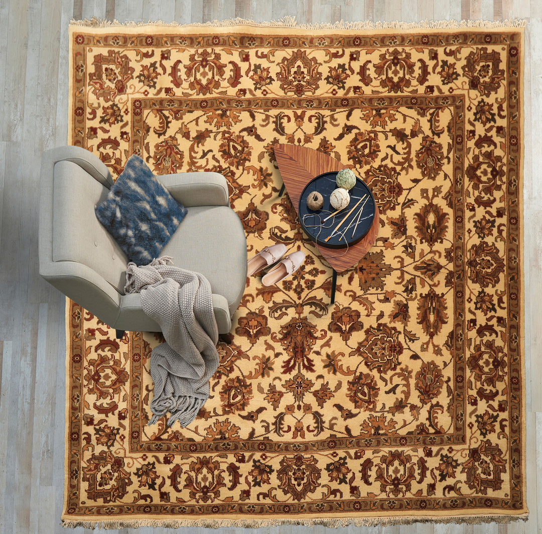 Square Ivory, Moss, Caramel Color Hand Knotted Agra Wool Traditional Oriental Rug