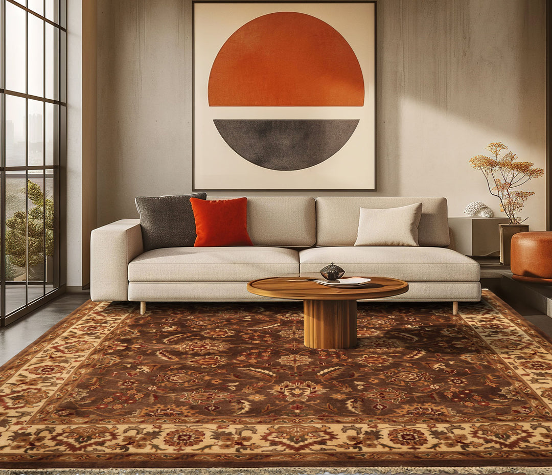 Square Brown, Ivory, Rust Color Hand Knotted Agra Wool Traditional Oriental Rug