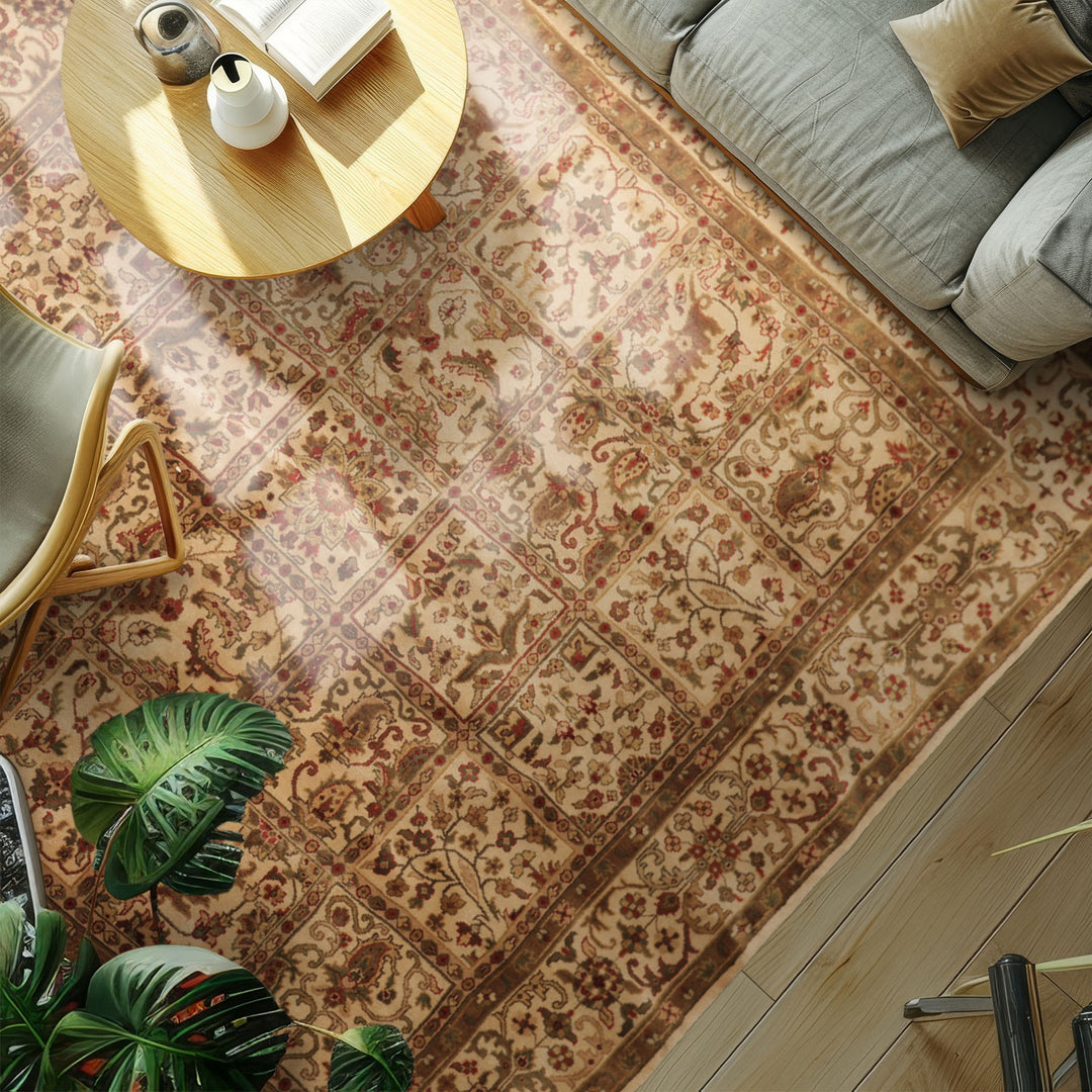 Square Ivory, Sage, Rust Color Hand Knotted Agra Wool Traditional Oriental Rug