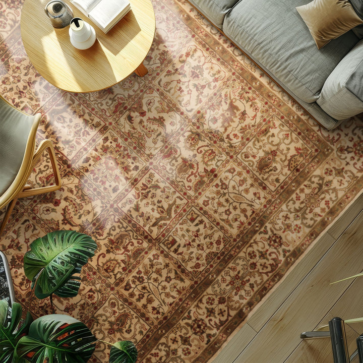 Square Ivory, Sage, Rust Color Hand Knotted Agra Wool Traditional Oriental Rug