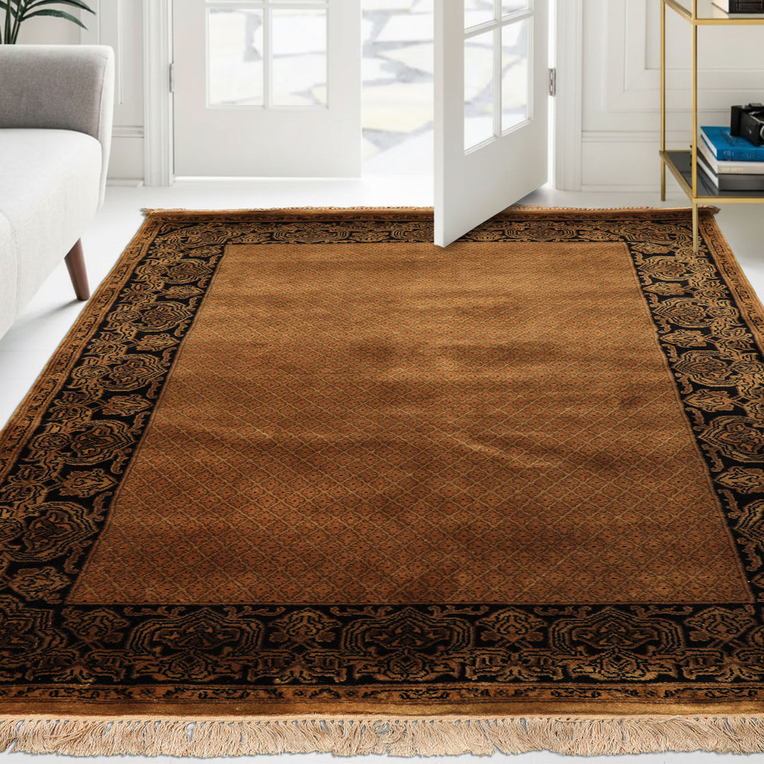 4x6 Gold, Black, Brown Color Hand Knotted Indo Tibetan New Zealand Wool Transitional Oriental Rug