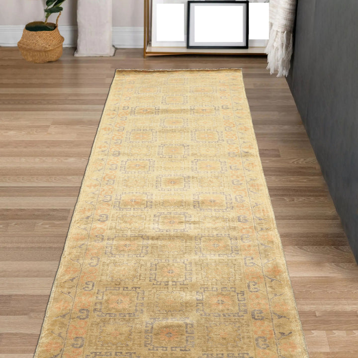 Runner Mint, Beige, Gray Color Hand Knotted Oushak Wool Transitional Oriental Rug