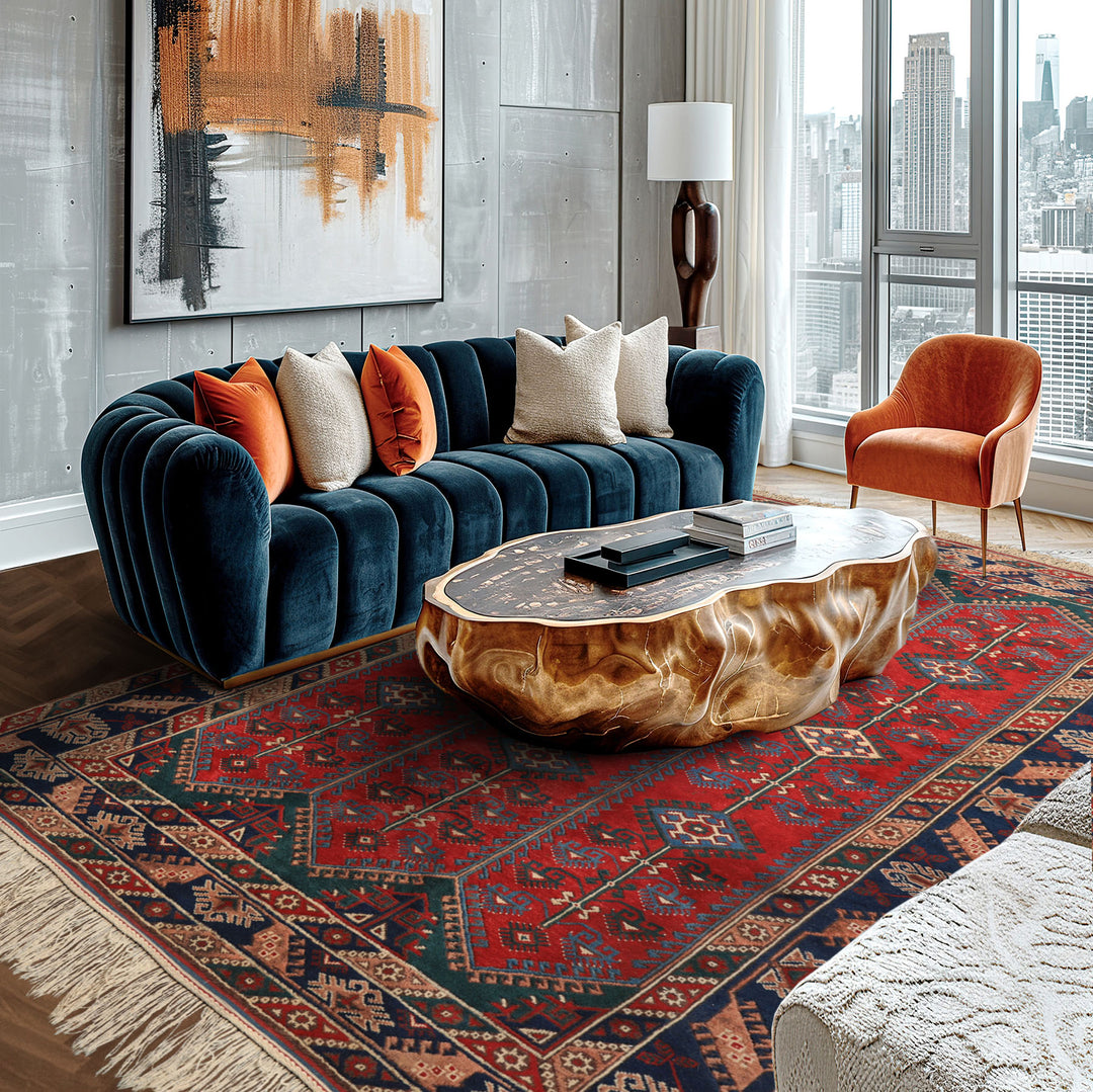 6x9 Red, Navy, Turquoise Color Hand Knotted Shirvan Wool Tribal Oriental Rug