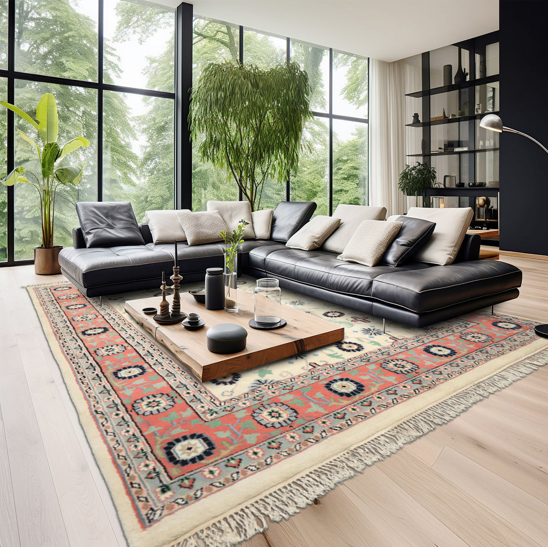 9x12 Ivory, Blush, Aqua Color Hand Knotted Organic Look Wool Traditional Oriental Rug