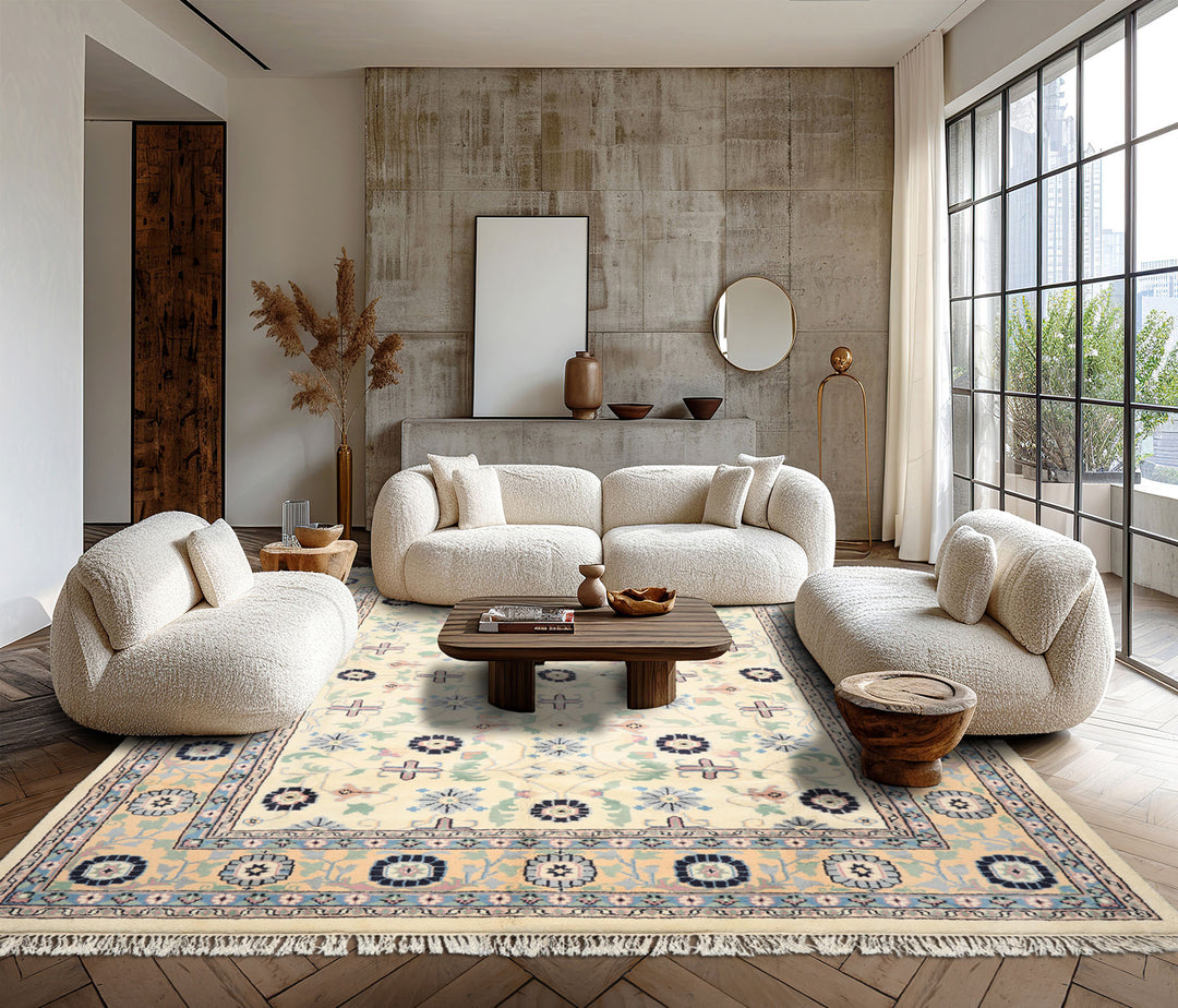 8x11 Ivory, Peach, Blue Color Hand Knotted Indo Kashan Wool Traditional Oriental Rug