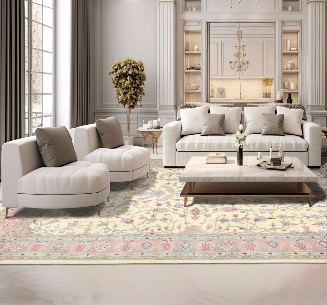 9x12 Ivory, Blush, Sage Color Hand Knotted Indo Kashan Wool Traditional Oriental Rug