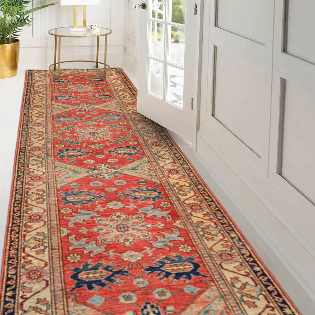 Runner Coral, Moss, Navy Color Hand Knotted Kazak Wool Traditional Oriental Rug