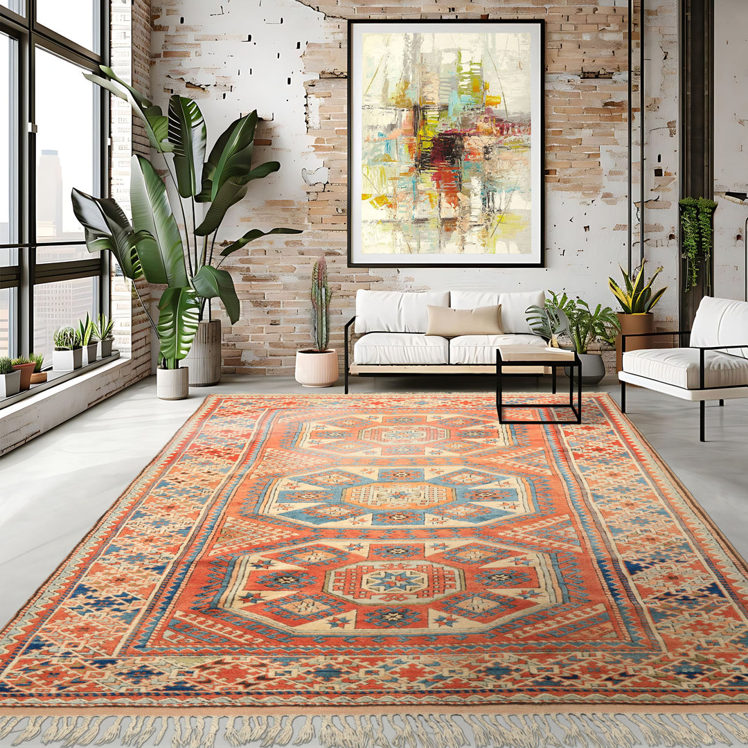 6x9 Burnt Orange, Ivory, Blue Color Hand Knotted Caucasian Kazak Wool Traditional Oriental Rug