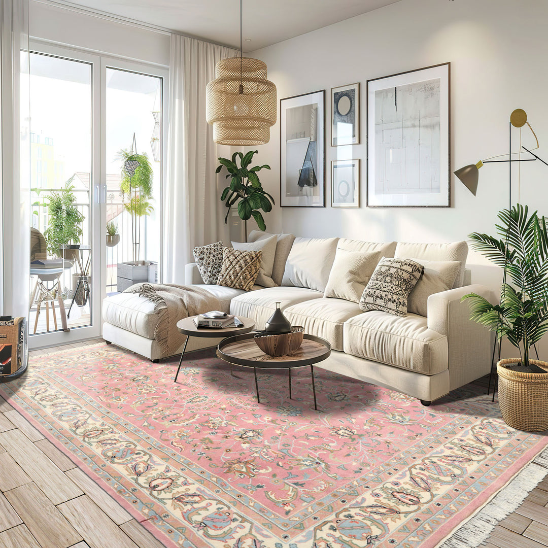 8x10 Dusty Rose, Ivory, Aqua Color Hand Knotted Indo Kashan Wool Traditional Oriental Rug