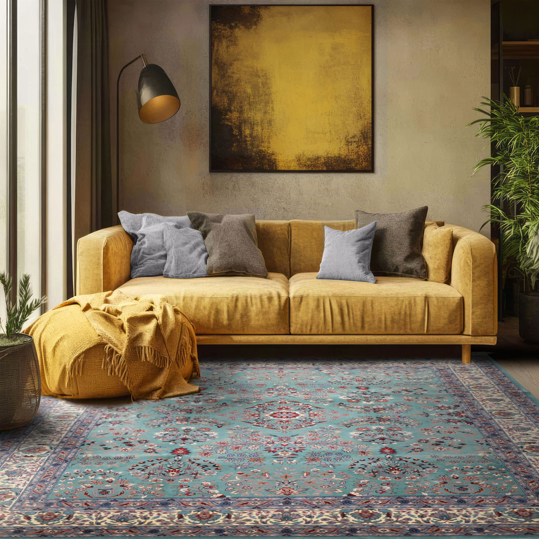 8x10 Turquoise, Ivory, Red Color Hand Knotted Indo Sarouk New Zealand Wool Traditional Oriental Rug