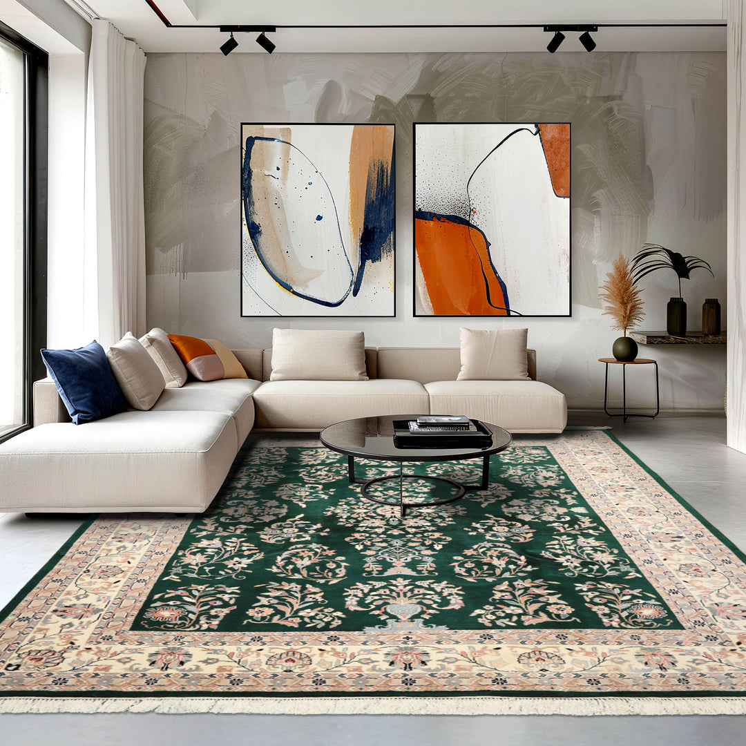 8x10 Emerald, Ivory, Blush Color Hand Knotted Indo Kashan Wool Traditional Oriental Rug