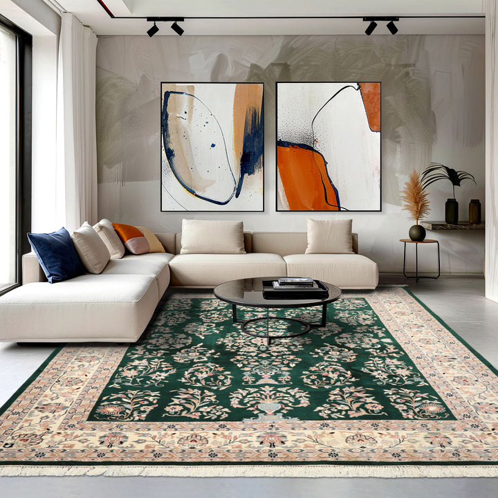 8x10 Emerald, Ivory, Blush Color Hand Knotted Indo Kashan Wool Traditional Oriental Rug