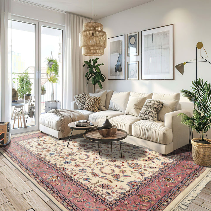 8x10 Ivory, Dusty Rose, Sage Color Hand Knotted Indo Kashan Wool Traditional Oriental Rug