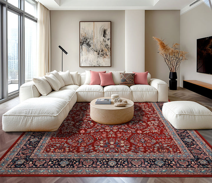 8x10 Red, Navy, Aqua Color Hand Knotted Indo Sarouk New Zealand Wool Traditional Oriental Rug