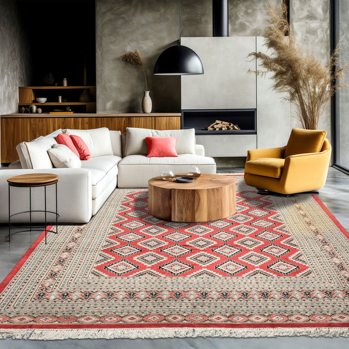 8x11 Coral, Ivory, Charcoal Color Hand Knotted Bokhara Wool Traditional Oriental Rug