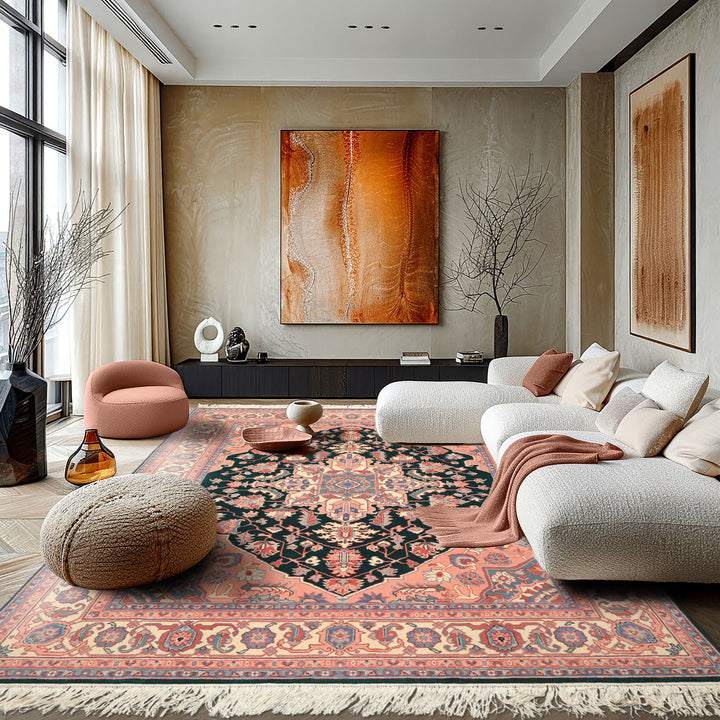 8x10 Emerald, Blush, Ivory Color Hand Knotted Indo Heriz Wool Traditional Oriental Rug