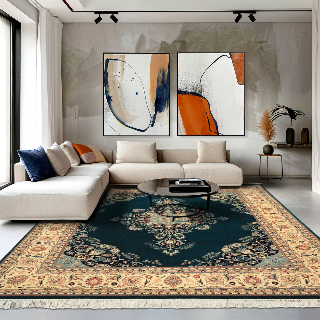 8x10 Teal, Ivory, Navy Color Hand Knotted Pak Persian New Zealand Wool Traditional Oriental Rug