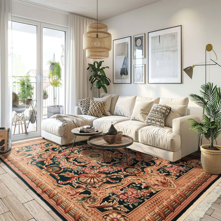 8x10 Emerald, Tan, Brown Color Hand Knotted French Aubusson Savonerrie Wool Traditional Oriental Rug