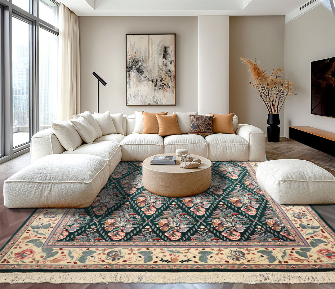 7x8 Emerald, Ivory, Pink Color Hand Knotted Pak Persian New Zealand Wool Traditional Oriental Rug