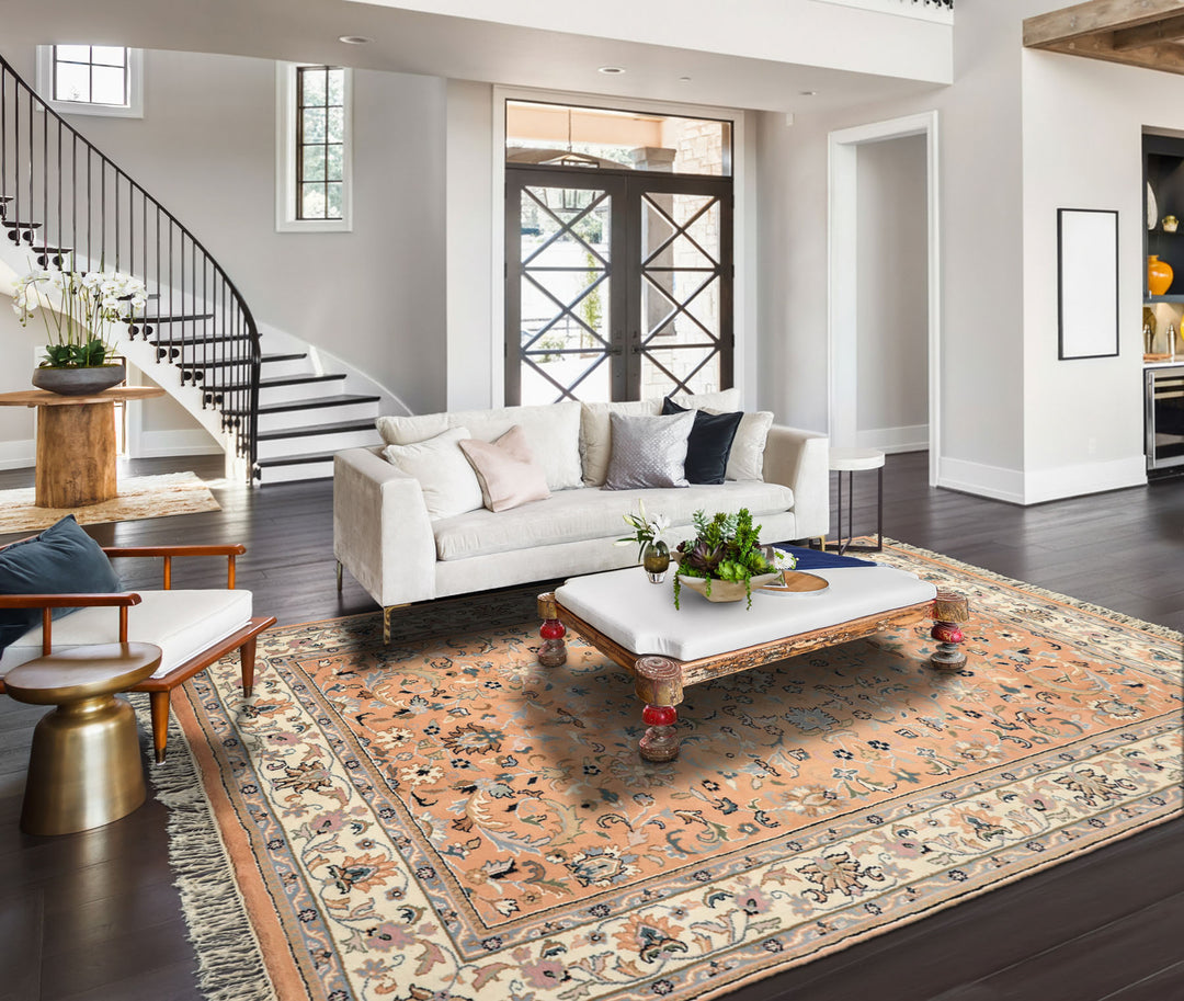 6x9 Peach, Ivory, Blue Color Hand Knotted Indo Kashan Wool Traditional Oriental Rug