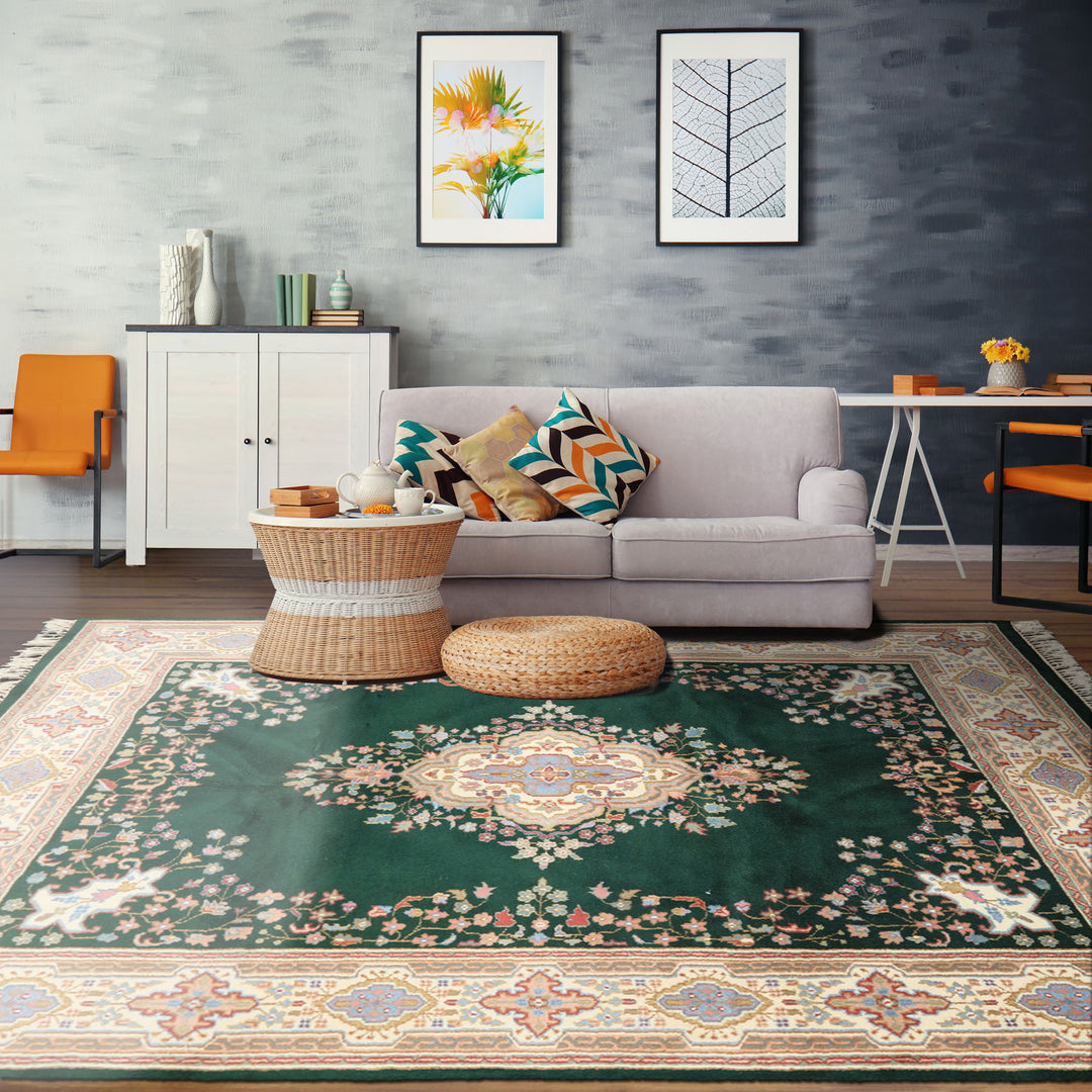 6x9 Green, Ivory, Rose Color Hand Knotted Indo Kerman Wool Traditional Oriental Rug