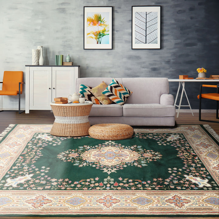 6x9 Green, Ivory, Rose Color Hand Knotted Indo Kerman Wool Traditional Oriental Rug