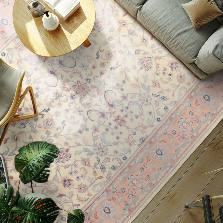 6x9 Ivory, Blush, Aqua Color Hand Knotted Indo Kashan Wool Traditional Oriental Rug